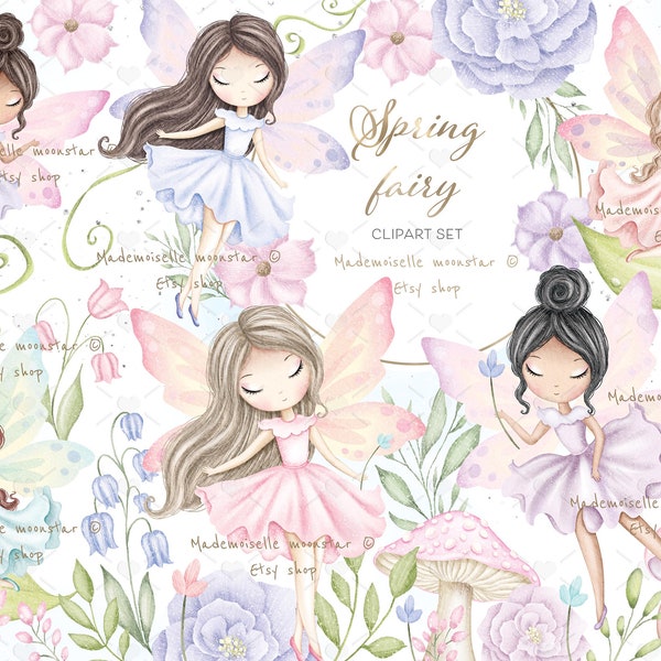 Magic, spring fairies garden. Cute watercolor magic clipart. Enchanted garden 300 DPI PNG files. Commercial use.