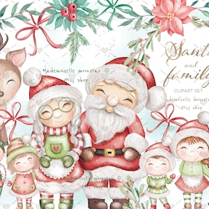 Mignon ensemble de cliparts de Noël - mignon Père Noël, Mme Clause, rennes, elfes. Mignon graphique de la famille du Père Noël. Fichiers PNG de 300 dpi. Utilisation commerciale.
