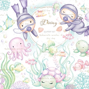 Leuke duiken clipart set. Aquarel clipart, onder de zee, kleine zeebaby's. Schattige zeedieren, vissen. 300 DPI PNG-bestanden.