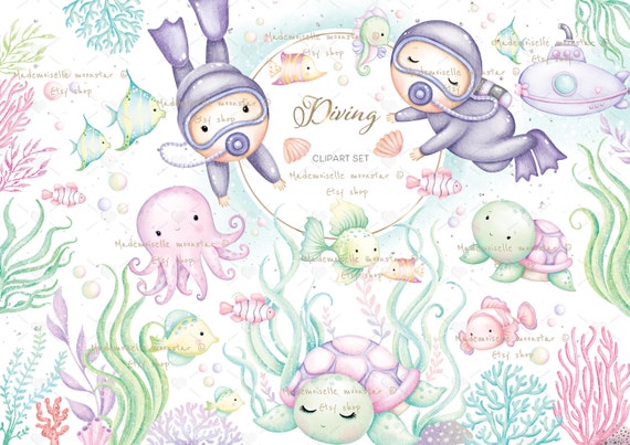 Cute Scuba Diving clipart set. Watercolor clipart, under the sea, little sea babies. Cute sea animals, fishes. 300 DPI PNG Files.