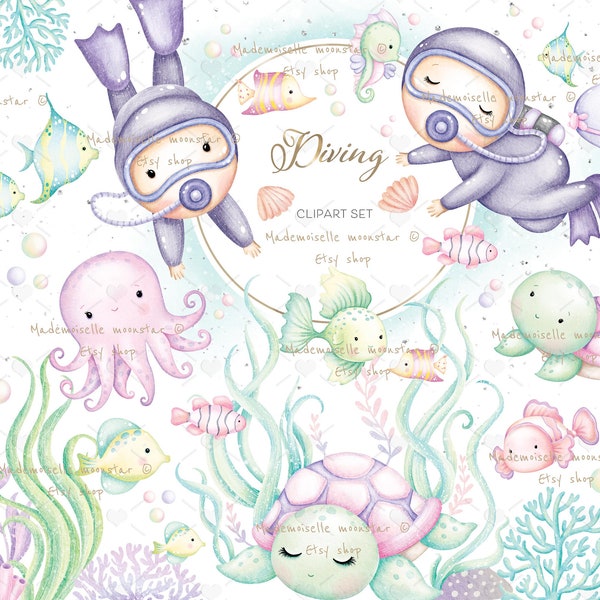 Cute Scuba Diving clipart set. Watercolor clipart, under the sea, little sea babies. Cute sea animals, fishes. 300 DPI PNG Files.