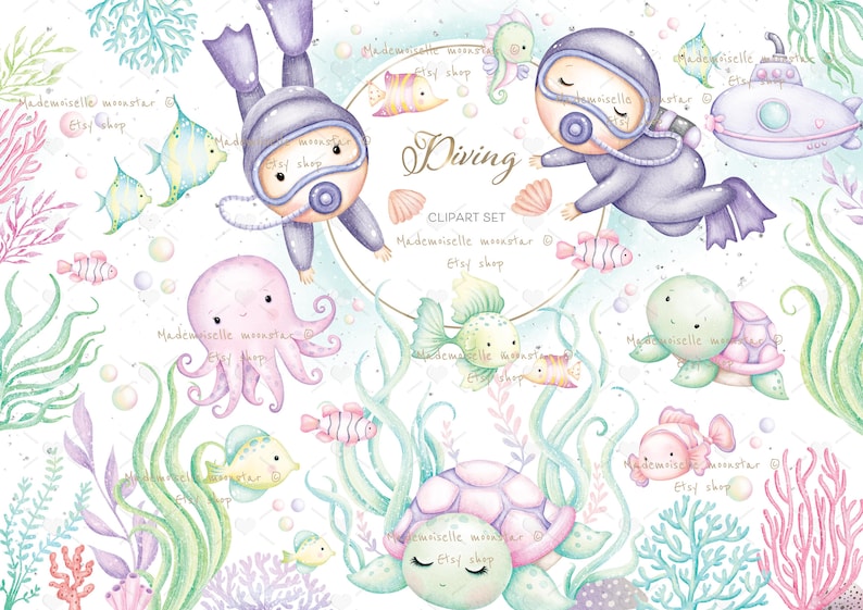 May include: A watercolor clipart set featuring a diving theme. The set includes two divers, an octopus, two sea turtles, a submarine, and various sea life, including seahorses, fish, and seaweed. The clipart is perfect for creating invitations, cards, and other crafts.