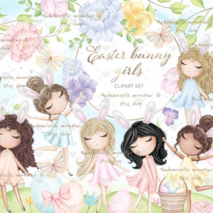 Easter bunny girls clipart set. Spring clipart. PNG files - commercial and personal use.