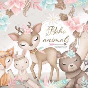 Boho nursery cute  Clipart Set. Tribal woodland animals PNG files. Forest animals babies clipart. Digital downloads for commercial use.