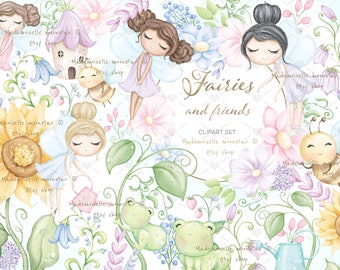 Fairies and friends summer garden. Enchanted garden. Cute baby bee, frogs. PNG digital files. Cute bugs clipart. Commercial use.