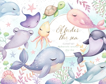 Under the sea Clipart Set. Cute sea animals, whale, dolphin, shark, turtle. 300 dpi PNG files commercial use.