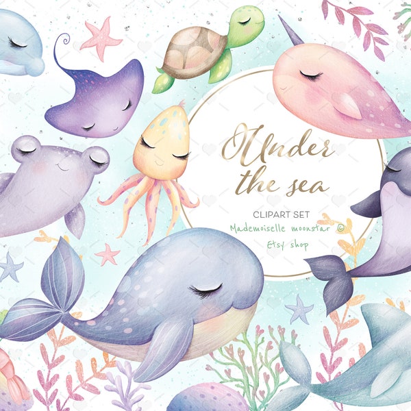 Under the sea Clipart Set. Cute sea animals, whale, dolphin, shark, turtle. 300 dpi PNG files commercial use.