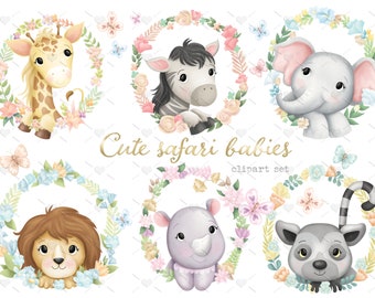 Cute safari babies animals Clipart Set 300 dpi PNG files.