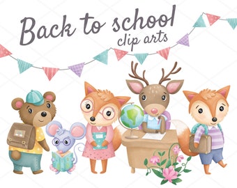 Watercolor Back to School Clipart, forest animals, Watercolor School Clipart Download, commercial use, 300 DPI, PNG files,