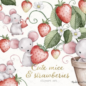Set di clipart carino topi e fragole. Clipart di texture acquerello del mouse. Uso commerciale di clipart di fragole. File digitale PNG.