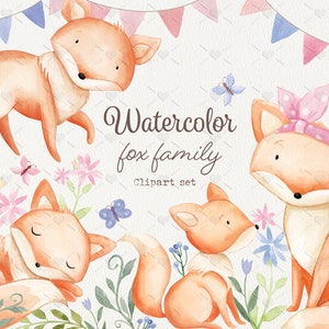 Aquarelle mignon fox famille Clipart Set. Animaux forestiers clipart 300 fichiers PNG dpi. Clipart numérique à usage commercial.