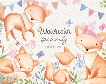 Watercolor cute fox family Clipart Set. Forest animals clipart 300 dpi PNG files. Commercial use digital clipart.