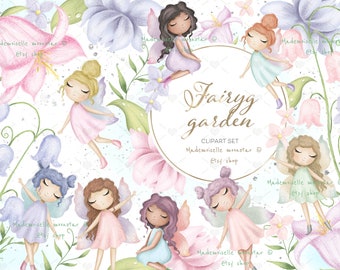 Fairy garden clipart set. Cute watercolor magic clipart. Enchanted garden 300 DPI PNG files. Commercial and personal use.