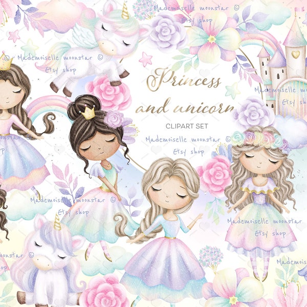 Conjunto de imágenes prediseñadas de princesas y unicornio. Princesa, pony, castillo, nubes, reino del arco iris. Archivos PNG de 300 ppp. Uso comercial.