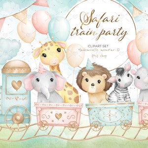 Linda fiesta de tren safari. Lindos animales de la selva, jirafa, león, rinoceronte, cebra, mono, elefante. Archivos PNG de 300 ppp. Uso comercial.