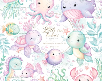 Cute pastel sea animals clipart set. Rainbow sea babies. Turtle, octopus, fishes, crab, jelly fish. Beautiful, pastel watercolours.