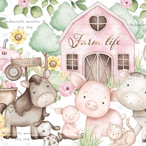 Ensemble de cliparts mignons animaux de la ferme. Fichiers PNG de cochon, vache, chien, chat, mouton, cheval. Ensemble de cliparts aquarelle. Utilisation commerciale.