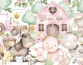 Cute farm animals clipart set. Pig, cow, dog , cat, sheep, horse PNG files. Watercolor clipart set. Commercial use.
