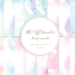 20 Pastel watercolor backgrounds JPG files. A4 format (210 x 297 mm).