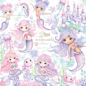 Ensemble de cliparts sirène mignon. Fichiers PNG. Château, pastel, sirène arc-en-ciel et animaux marins. Impression de fond transparente.