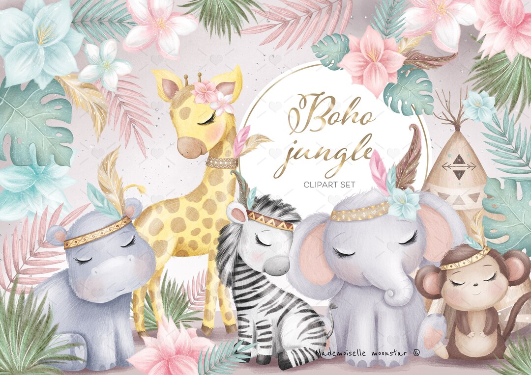 Boho Nursery Cute Clipart Set. Tribal Jungle Animals PNG Files. Safari ...
