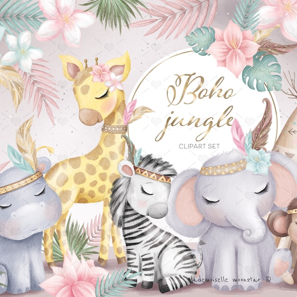 Boho nursery cute Clipart Set. Tribal jungle animals PNG files. Safari animals babies clipart. Digital downloads for commercial use.