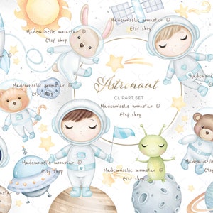 Carino ragazzo astronauta clipart. Orsacchiotto, gatto, spazio coniglietto. Backround dello spazio dell'acquerello. File PNG digitali. Download istantaneo. Uso commerciale.