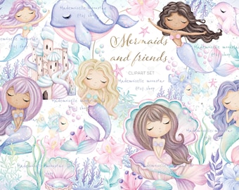 May include: A digital clipart set featuring watercolor illustrations of mermaids and sea creatures. The set includes a mermaid with purple hair, a mermaid with brown hair, a mermaid with blonde hair, a whale, a castle, and various sea creatures. The text "Mermaids and Friends" is written in a gold circle.