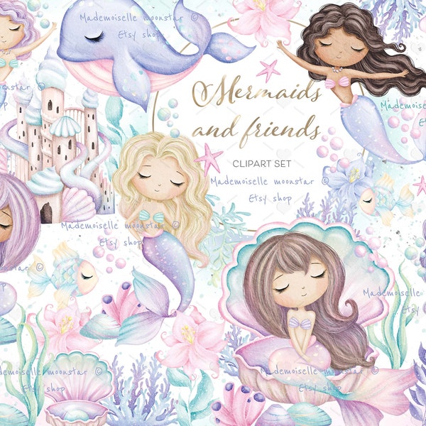 Little mermaid clipart, little sea babies, mermaid castle. Under the sea clipart set. Commercial and personal use.