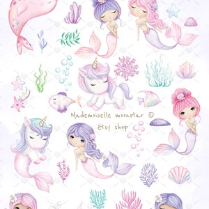 Little Mermaids and Unicorns Clipart Set. Unicorn, Rainbow Mermaids ...