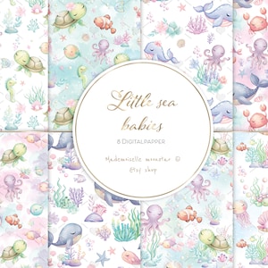 Afdrukbaar digitaal papier Kleine zeebaby's. Afdrukbaar papierpakket, pastelkleurige achtergrond voor scrapbooking voor baby's. Naadloos pastelpatroon.