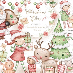 Conjunto de imágenes prediseñadas de Elfos navideños y Santa. Archivos PNG de reno, ratón, gato y osito de peluche. Uso comercial.