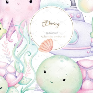 May include: A watercolor clipart set featuring a pink octopus, a blue and yellow fish, a purple submarine, a pink seashell, and four green sea turtles with pink shells. The text "Diving" is written in a gold circle with the text "Clipart Set" and "Mademoiselle Monster Shop" below.