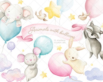 Animals with balloons Watercolor Clipart, Kids Clipart, Nursery decor, racoon, bunny, elephant clipart, mouse, stars,300 dpi PNG files