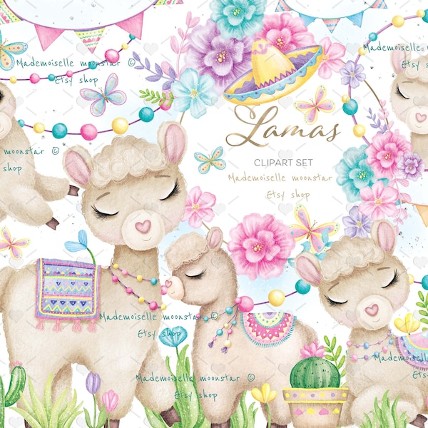 Cute pastel lama clipart. Alpaca clipart. Mexican, fiesta, alpaca party clipart. Commercial use. 300 DPI PNG digital files.