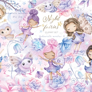 Night fairies clipart set. Moths, owl, night clipart. Fairy tale clipart. 300 DPI PNG files. Commercial use.