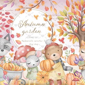 Mignon jardin d’automne ensemble de cliparts. Animaux forestiers boisés. Clipart d’automne. Ours mignon, renard, souris et raton laveur. Fichiers PNG de 300 ppp. Utilisation commerciale.