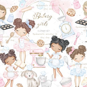 Baker meisjes clipart set. Bakkerij, snoep, koekjes, keuken, png. Commercieel gebruik. 300 DPI png-bestanden.