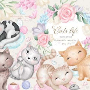 Cute cats clipart set. Kittens, kitty digital clipart. Watercolor cute kitten clipart. 300 DPI PNG files commercial and personal use.