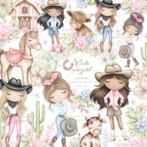 Clipart rose de cow-girl mignon. Pastel, clipart aquarelle. Fichiers haute résolution Wild West Png. Graphique de vache et de cheval. Utilisation commerciale.
