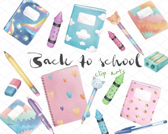 Watercolor Back to School Clipart, School Supplies , Watercolor note clipart, educational clipart, commercial use, 300 DPI, PNG files