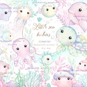 Kleine regenboogzeebaby's. Schattige zeedieren clipart set. Onderwaterclipart. 300 dpi png-bestanden. Commercieel gebruik.