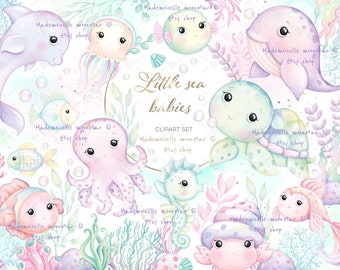 Little rainbow sea babies. Cute sea animals clipart set. Underwater clipart. 300 dpi PNG files. Commercial use.