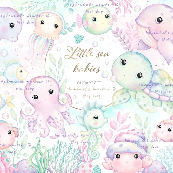 Little rainbow sea babies. Cute sea animals clipart set. Underwater clipart. 300 dpi PNG files. Commercial use.