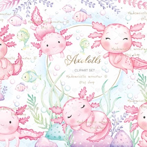 Cute axolotl clipart set. Watercolor cute water animal. Fishes. 300 DPI PNG Files. Commercial use.