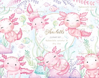 Cute axolotl clipart set. Watercolor cute water animal. Fishes. 300 DPI PNG Files. Commercial use.