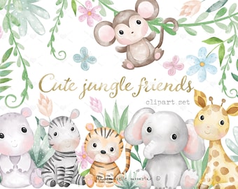 Jungle animals friends. Clipart Set for commercial and personal use. 300 dpi PNG files. Watercolor Clipart, Elephant, giraffe, safari.