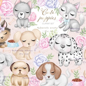 Clipart de chiot mignon. Clipart de chiens. Clipart pour animaux de compagnie, illustration aquarelle. Fichiers PNG 300 DPI. Un usage commercial.