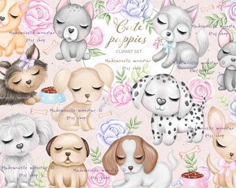 Cute puppy clipart. Dogs clipart. Pet clipart, watercolor illustration. 300 DPI PNG files. Commercial use.