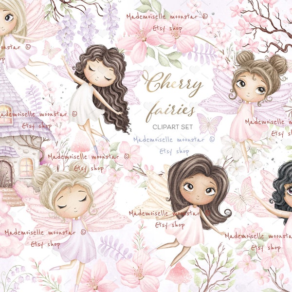 Cherry fairy garden Clipart Set. Magic fairies PNG files. 300 DPI digital files. Commercial use.